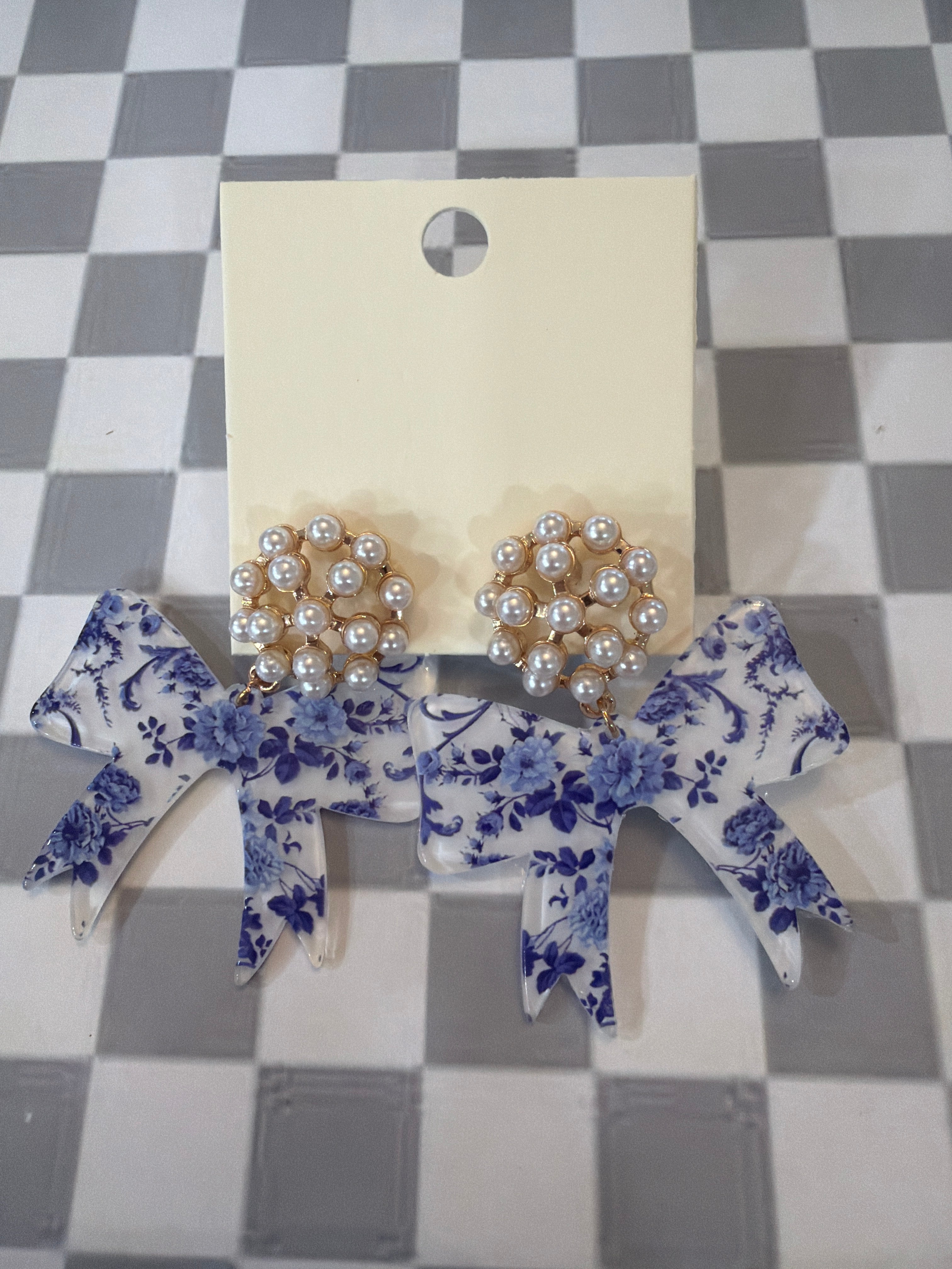 Blue Bow & Pearl Earrings
